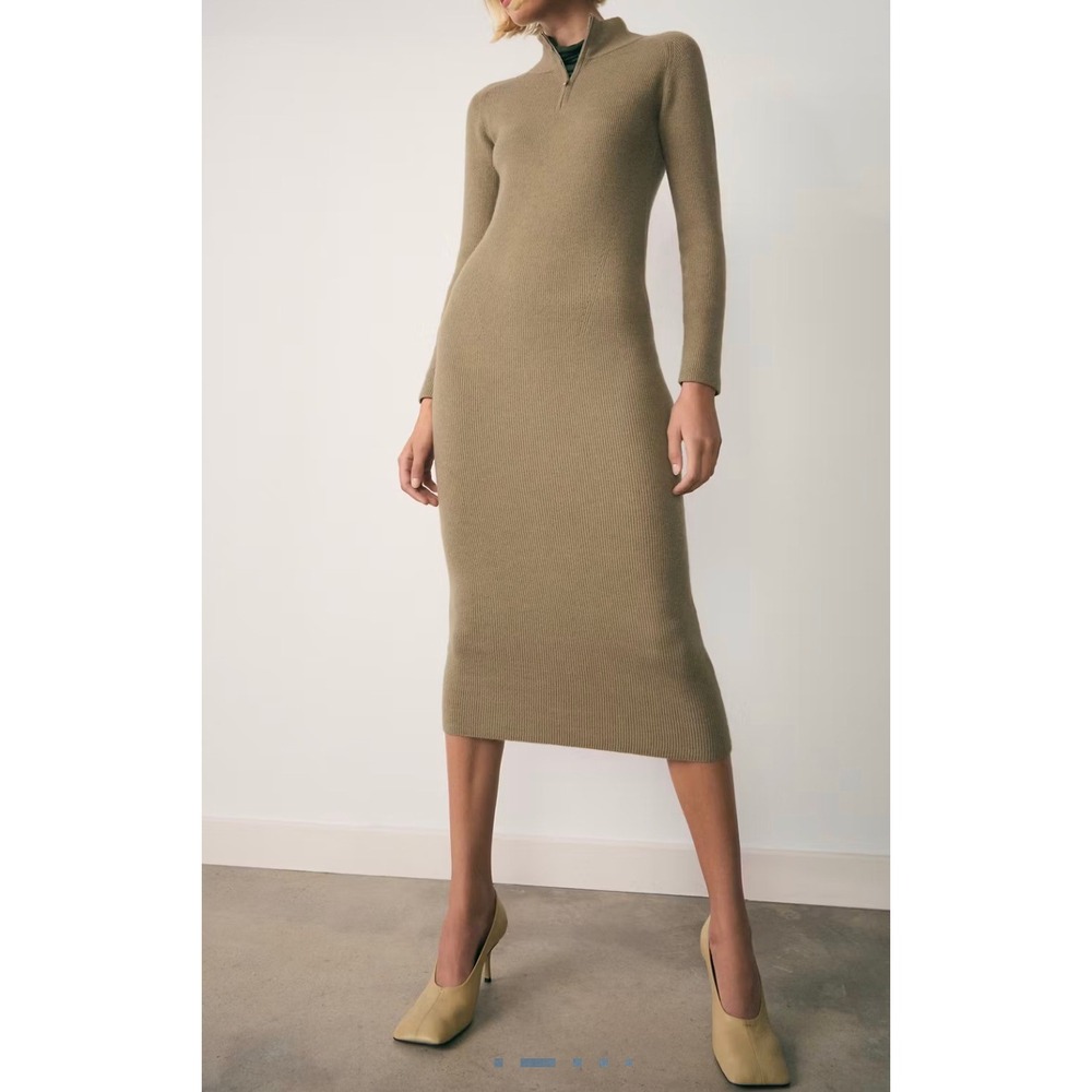 MNG Mango Womens Olive Green Ribbed Knit Quarter Zip Midi Sweater Dress Size M